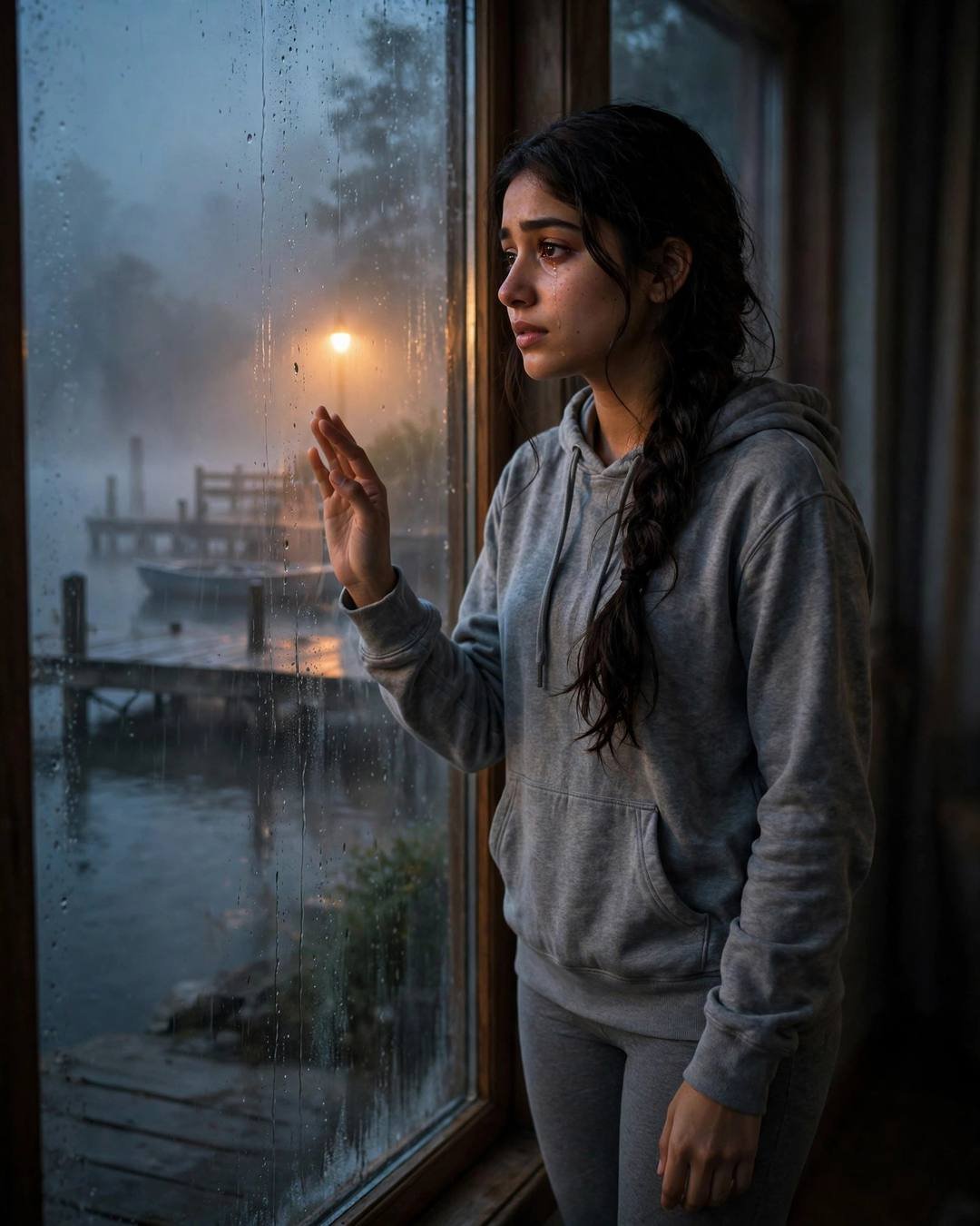 Young Indian woman in grey hoodie with long braid standing at a rain-streaked window overlooking a foggy lake pier, tear on cheek
