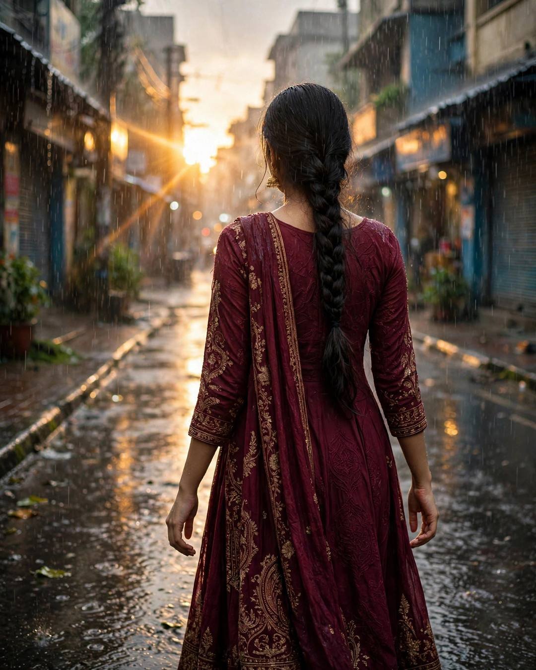 Young Indian woman in maroon anarkali with long braid walking away down a rain-soaked city street in golden-hour light