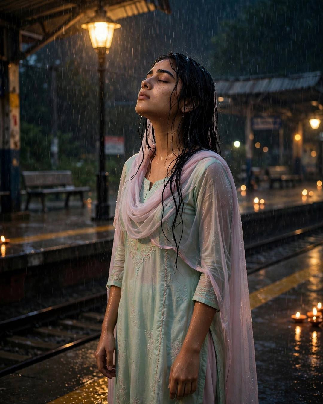 Young Indian woman in pastel salwar-kameez standing under a streetlamp on a rainy railway platform, face lifted to the sky