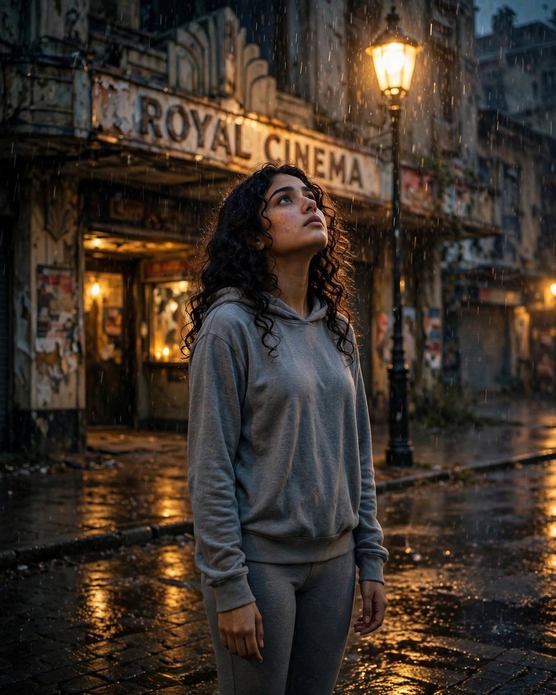 Young Indian woman in grey hoodie standing under a streetlamp in the rain outside an old abandoned cinema, face lifted to the sky
