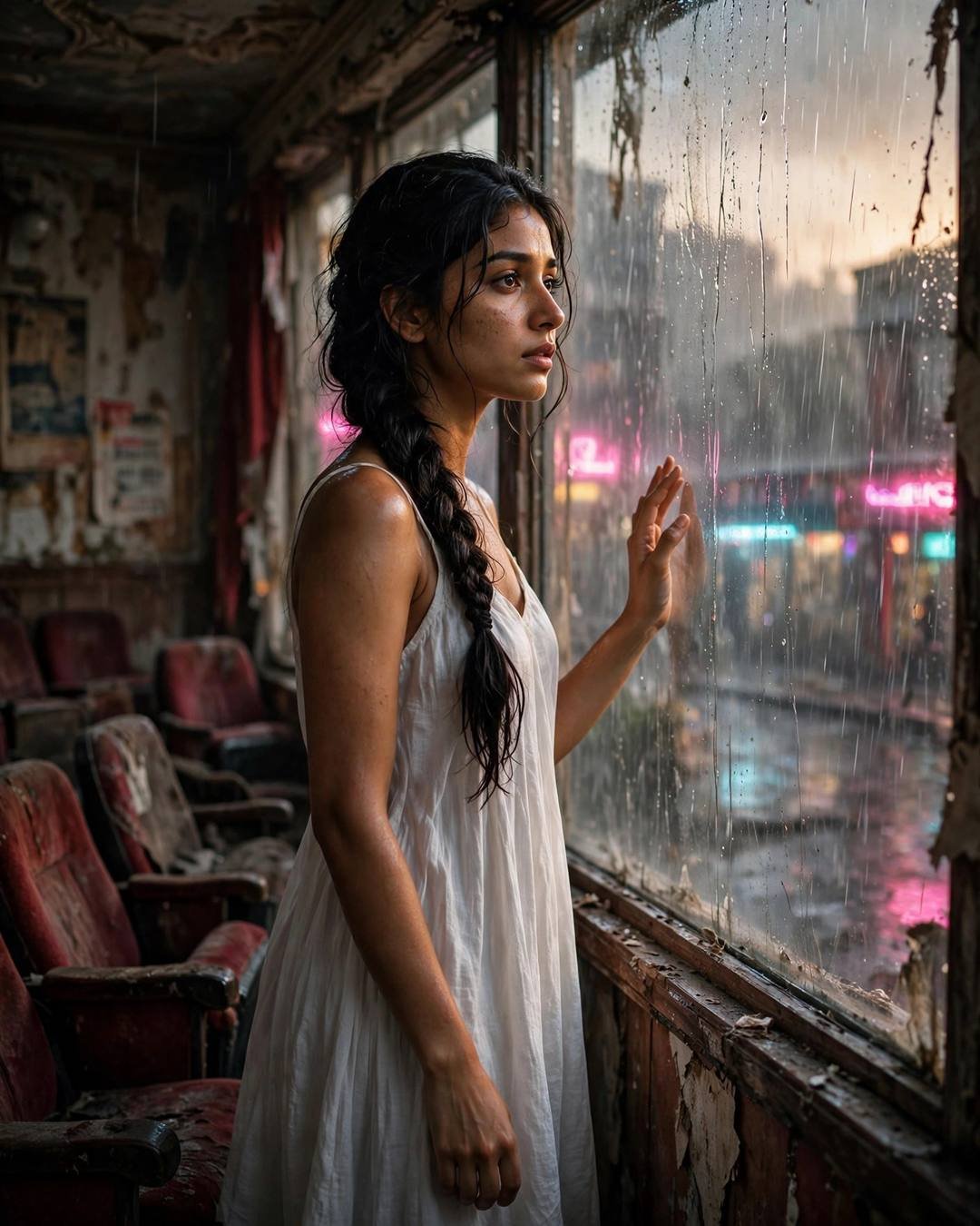 Young Indian woman in flowing white dress with long braid standing at a rain-streaked window in an abandoned cinema, neon lights outside