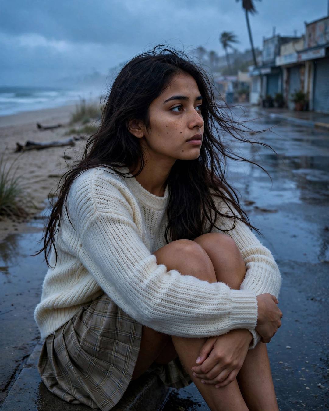 Young Indian woman in cream knit top and plaid skirt sitting with knees drawn up on a deserted beach at dusk