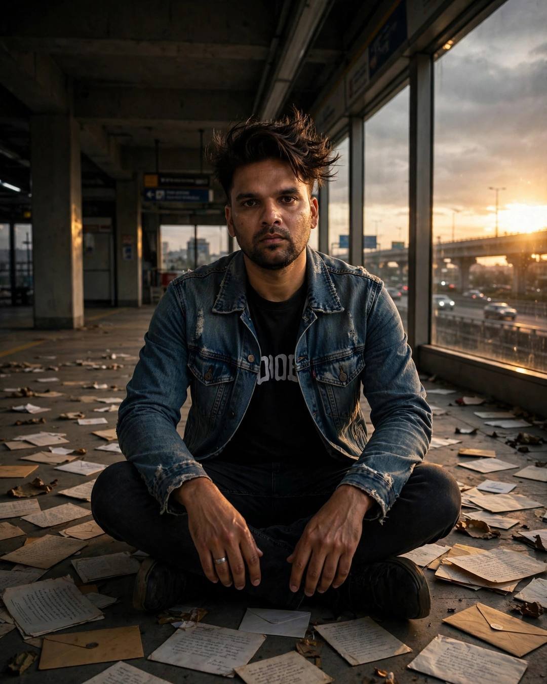 Cinematic AI portrait of a young Indian man — kneeling to fix a flat tyre as, distressed denim jacket over black tee, windswept textured hair, midnight metro station