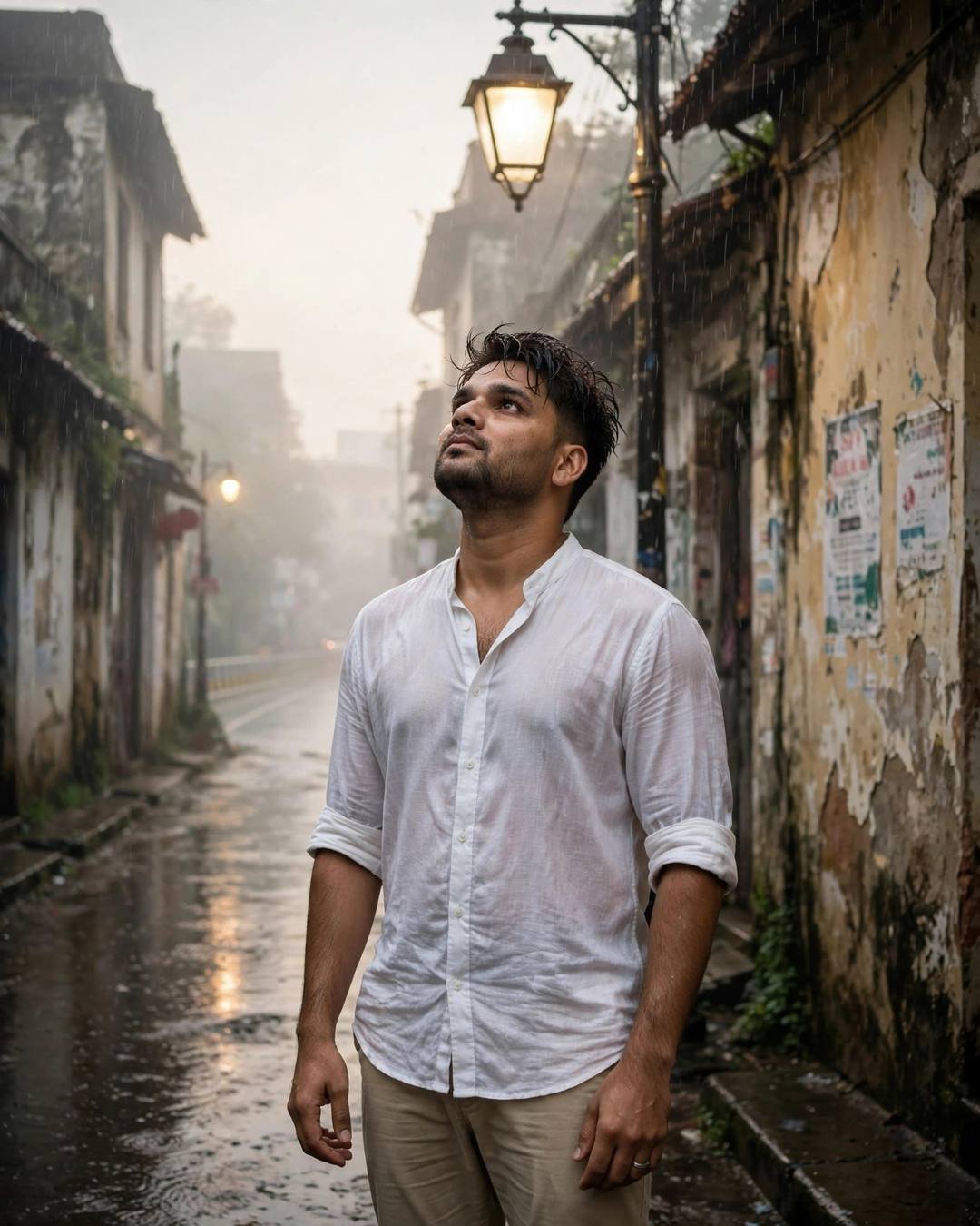 Cinematic AI portrait of a young Indian man — rain beginning to fall softly on an, olive field jacket, white tee, cargo pants, slightly messy morning hair, terrace with drying clothes lines and pigeons