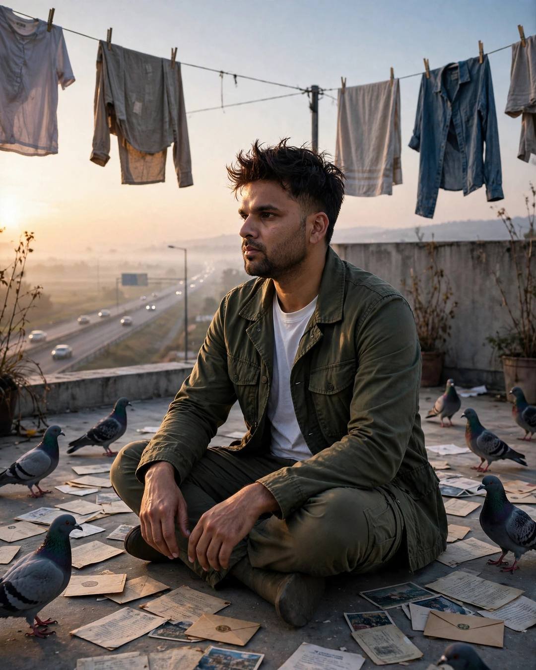 Cinematic AI portrait of a young Indian man — a broken sandal lying beside his bare, white linen shirt with rolled sleeves, beige trousers, towel-dried tousled hair, narrow old-city lane with peeling walls