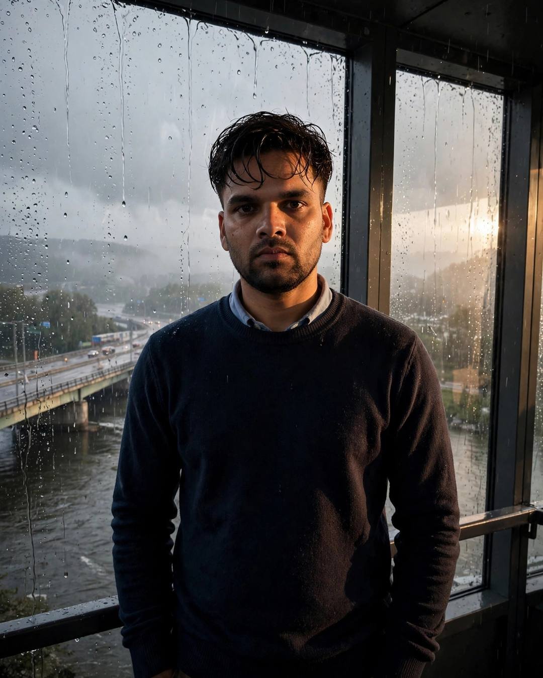 Cinematic AI portrait of a young Indian man — counting faint stars from a lonely concrete, navy sweater over collared shirt, damp rain-wet hair, bridge over a slow river
