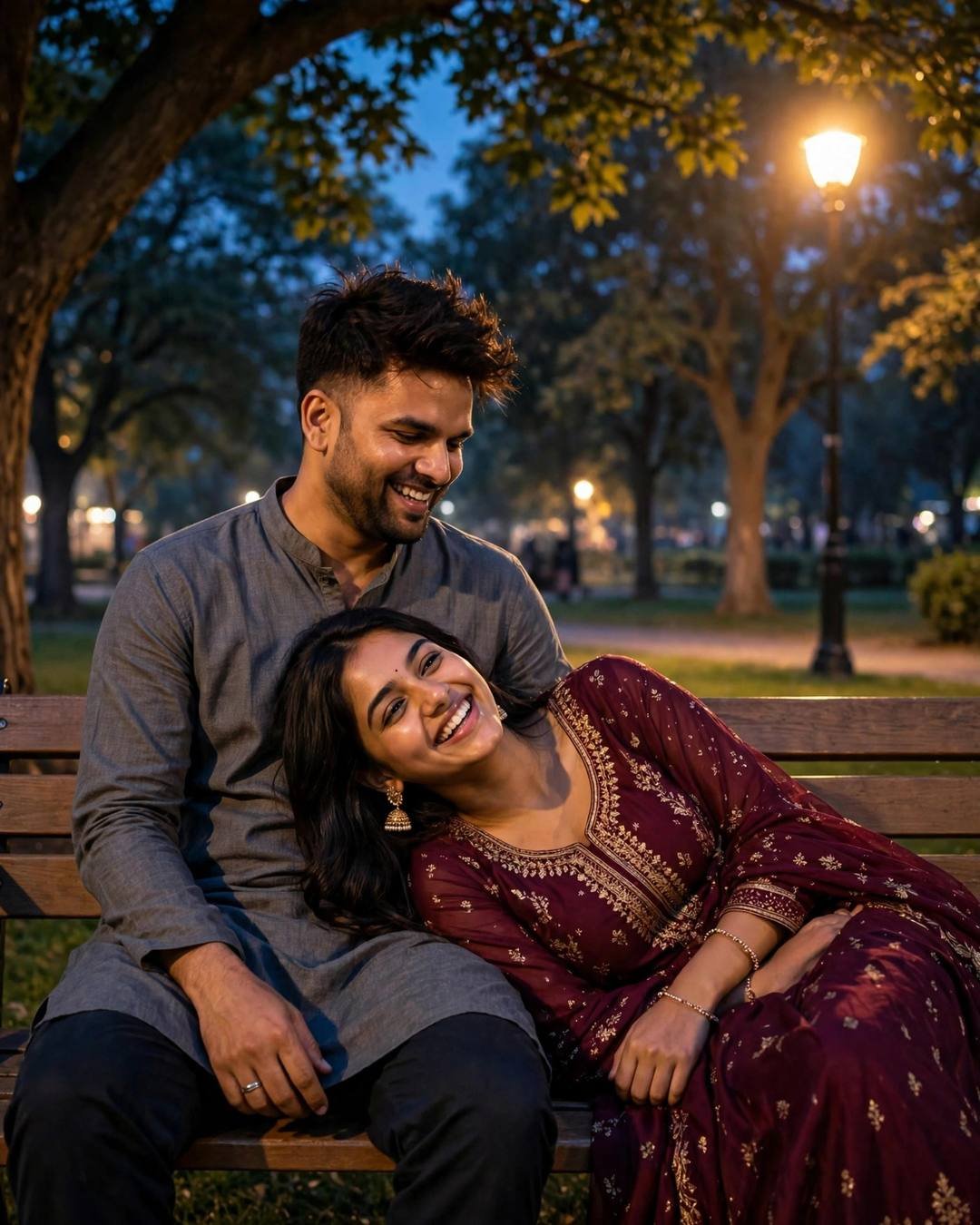 Couple laughing together on a park bench at dusk under a glowing streetlamp