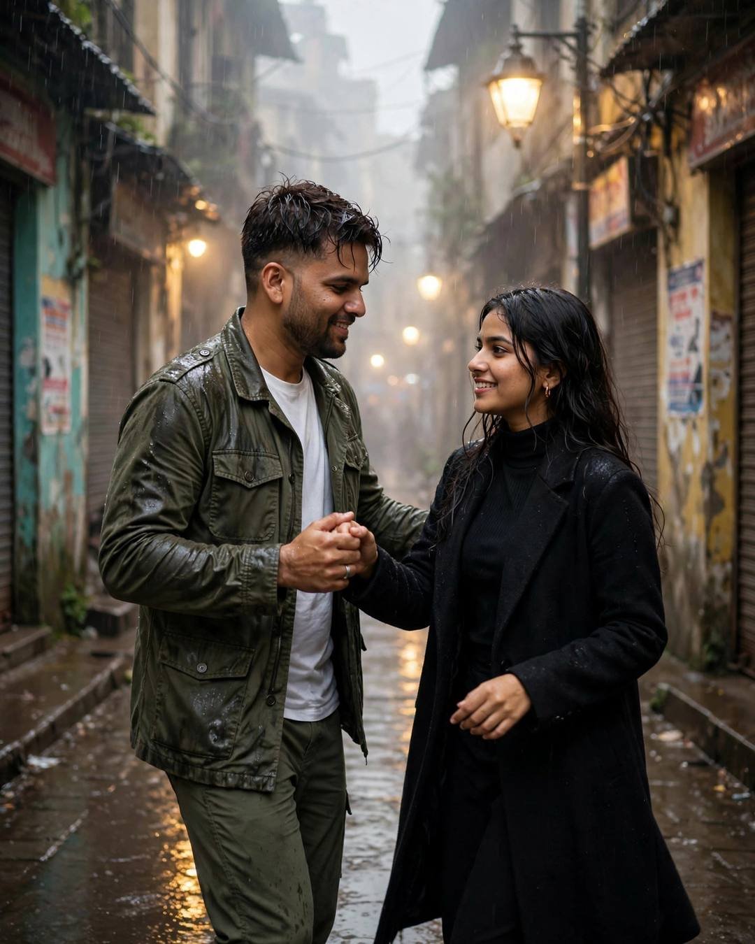 Couple dancing slowly in a rainy old-city lane under glowing streetlights in fog