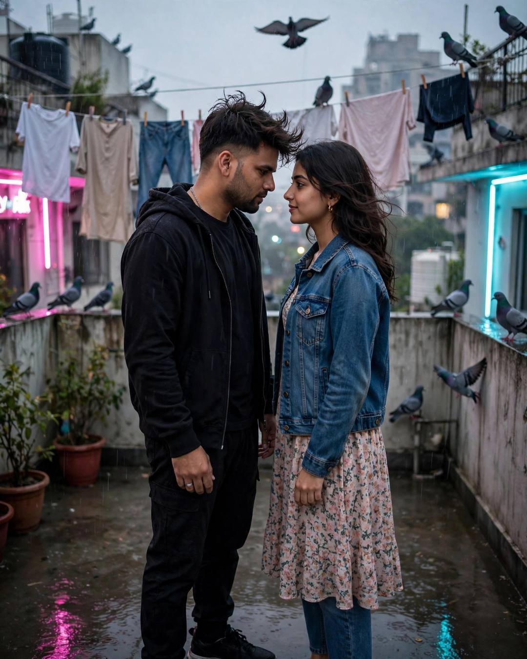 Couple standing face to face on a rainy terrace with clothes lines, pigeons, and neon lights