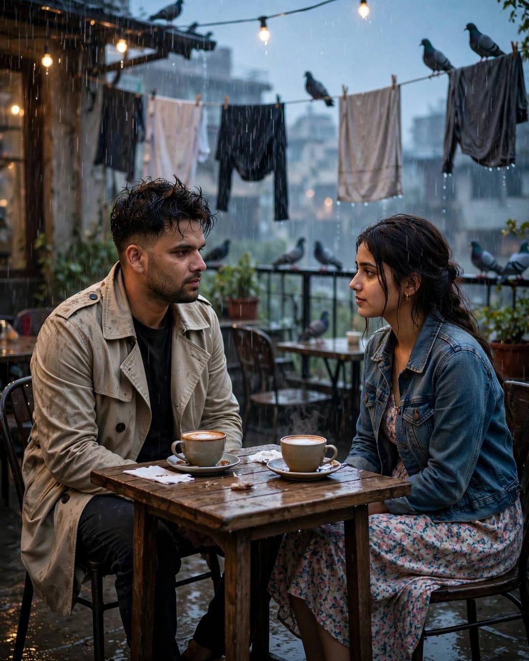 Couple sitting across a café table in monsoon rain on a terrace, string lights and pigeons overhead