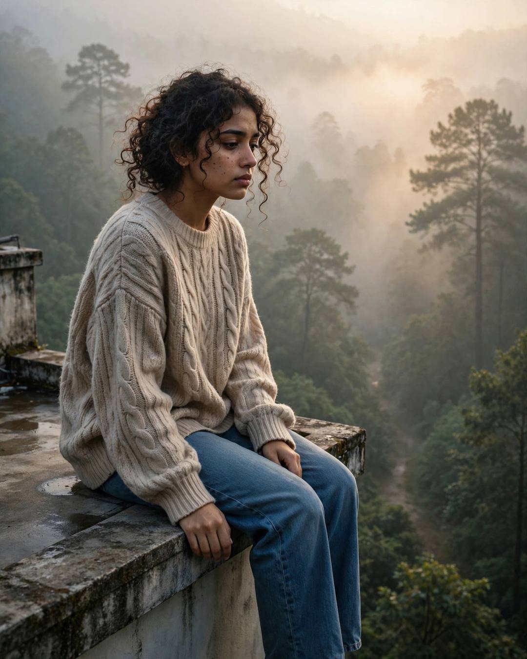 Young Indian woman with curly hair in a beige sweater sitting on a rooftop ledge above a misty forest at dawn