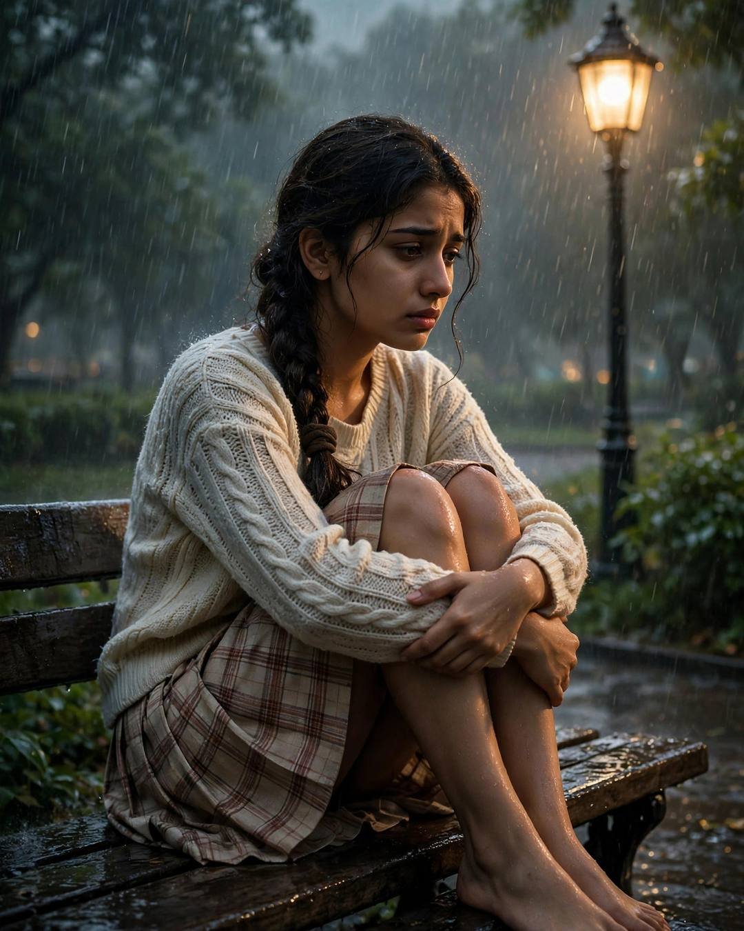 Young Indian woman with a long braid sitting on a rainy park bench under a glowing lamp, knees drawn up