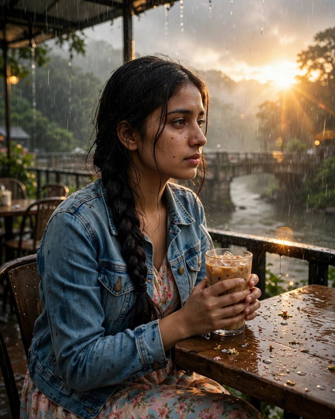 Young Indian woman in denim jacket holding an iced coffee at a rainy riverside cafe with a bridge behind her at sunset
