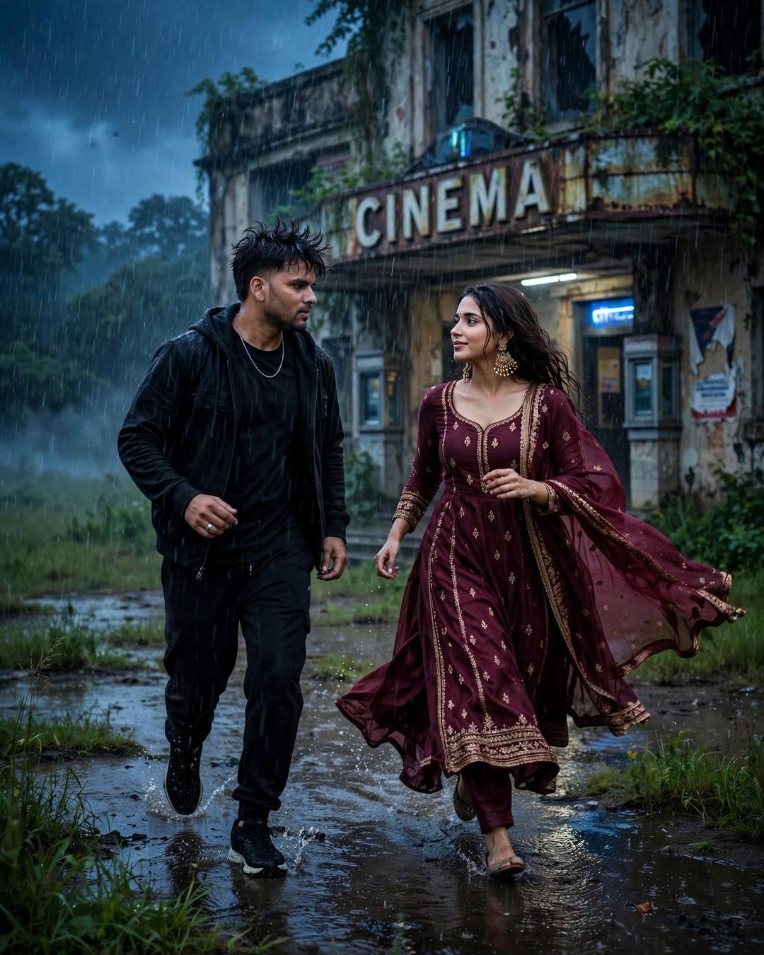 Couple running toward each other through rain puddles outside an old cinema, man in black, woman in maroon anarkali
