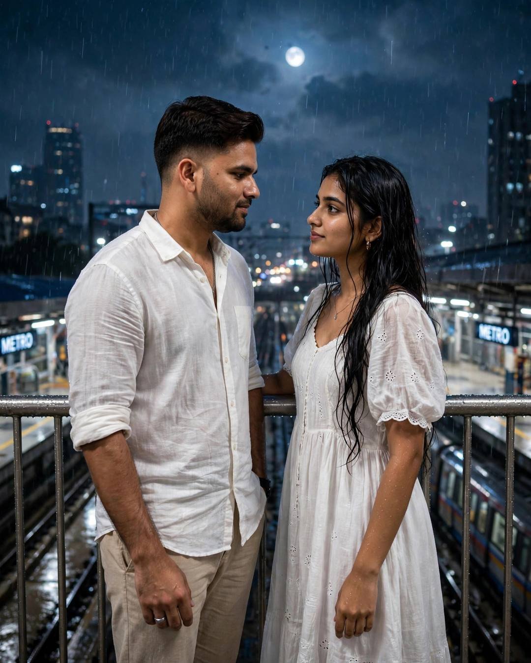 Couple facing each other on a moonlit bridge over a metro station at night in the rain