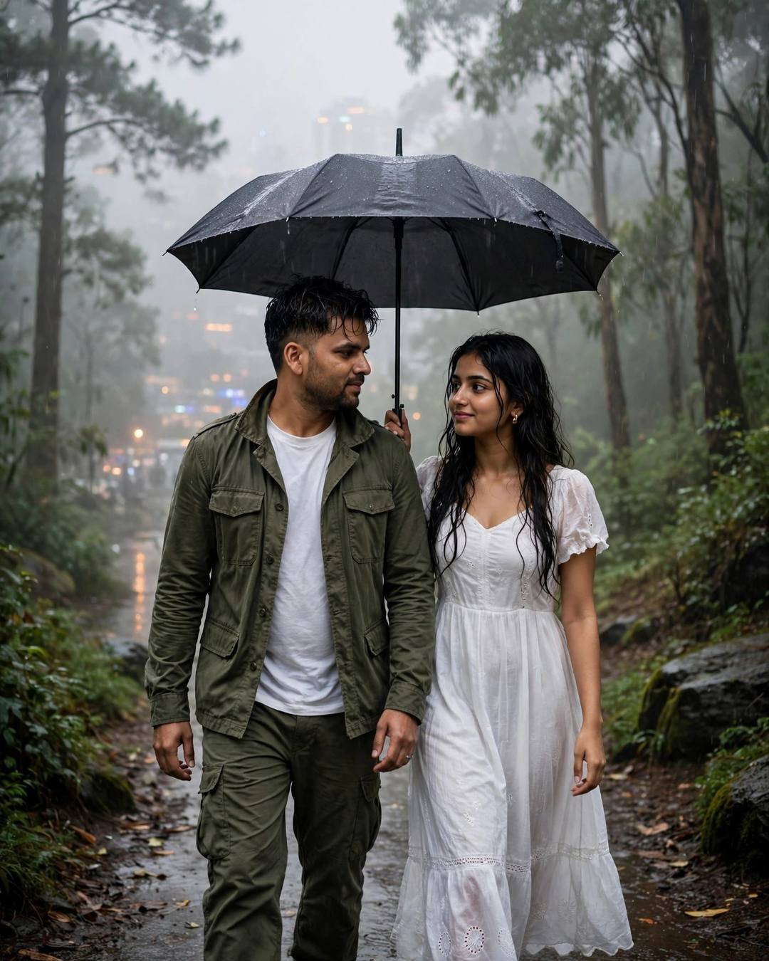 Couple walking under one umbrella on a foggy forest path, man in olive jacket, woman in white dress