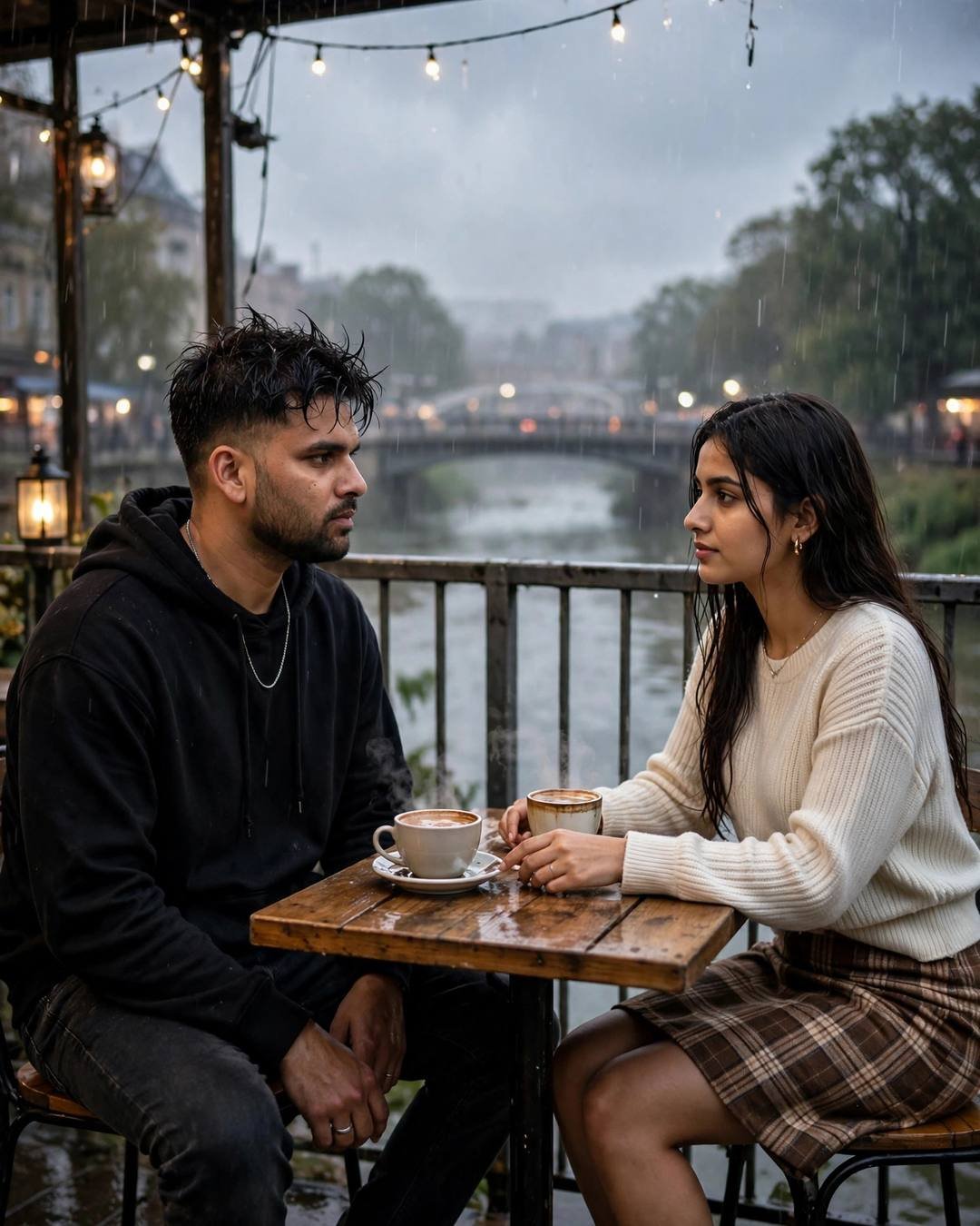 Couple sitting across a small cafe table by a river in the rain, hands almost touching over coffee cups