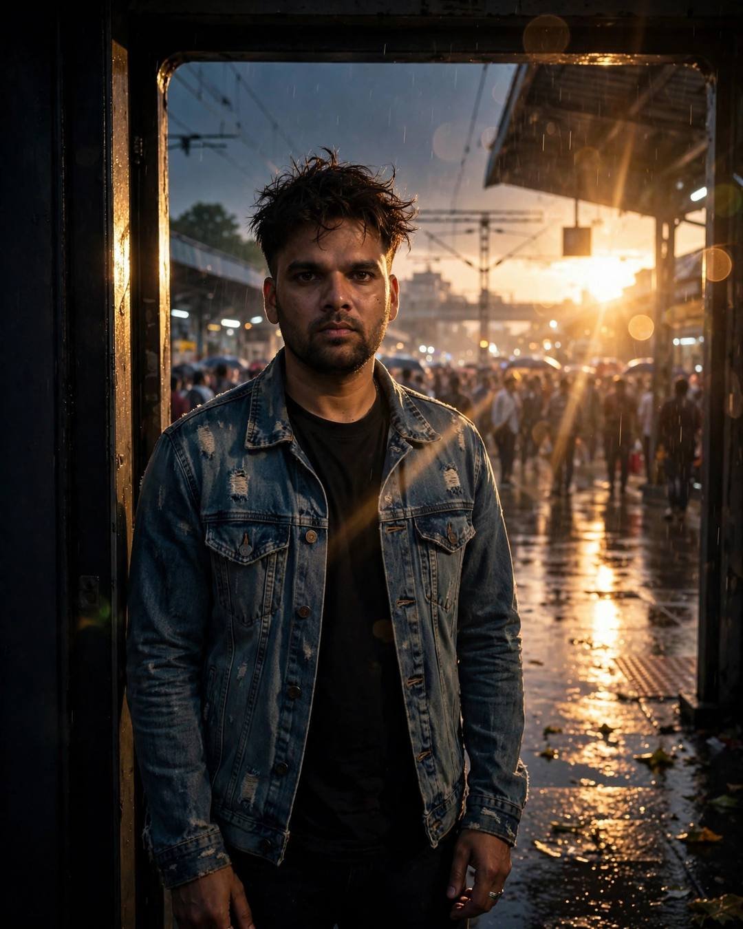 Young Indian man in denim jacket standing in a doorway watching a golden-lit crowd at a rainy railway platform