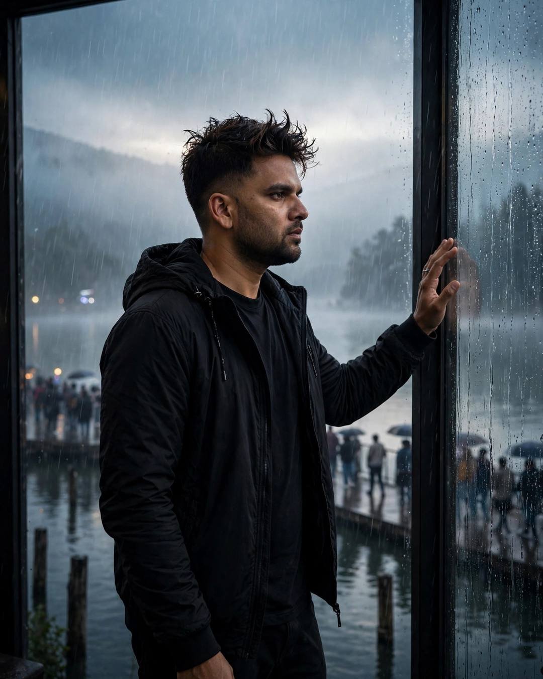 Young Indian man in black jacket with hand on a rain-streaked window, crowd with umbrellas outside on a pier