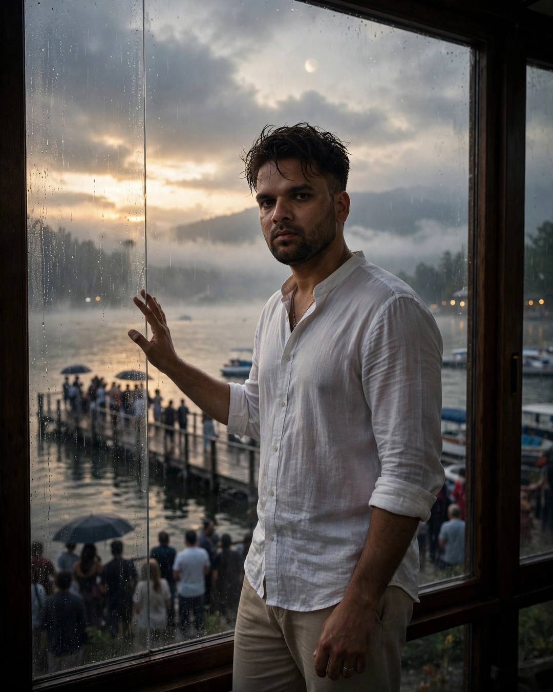 Young Indian man in white linen shirt with hand on a rain-streaked window at night, moonlit crowd outside