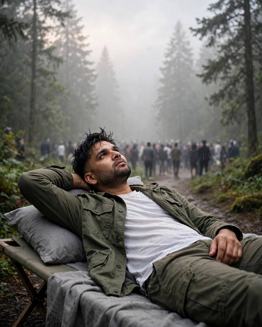 Young Indian man in olive jacket reclining on a cot in a misty forest, gazing at the sky