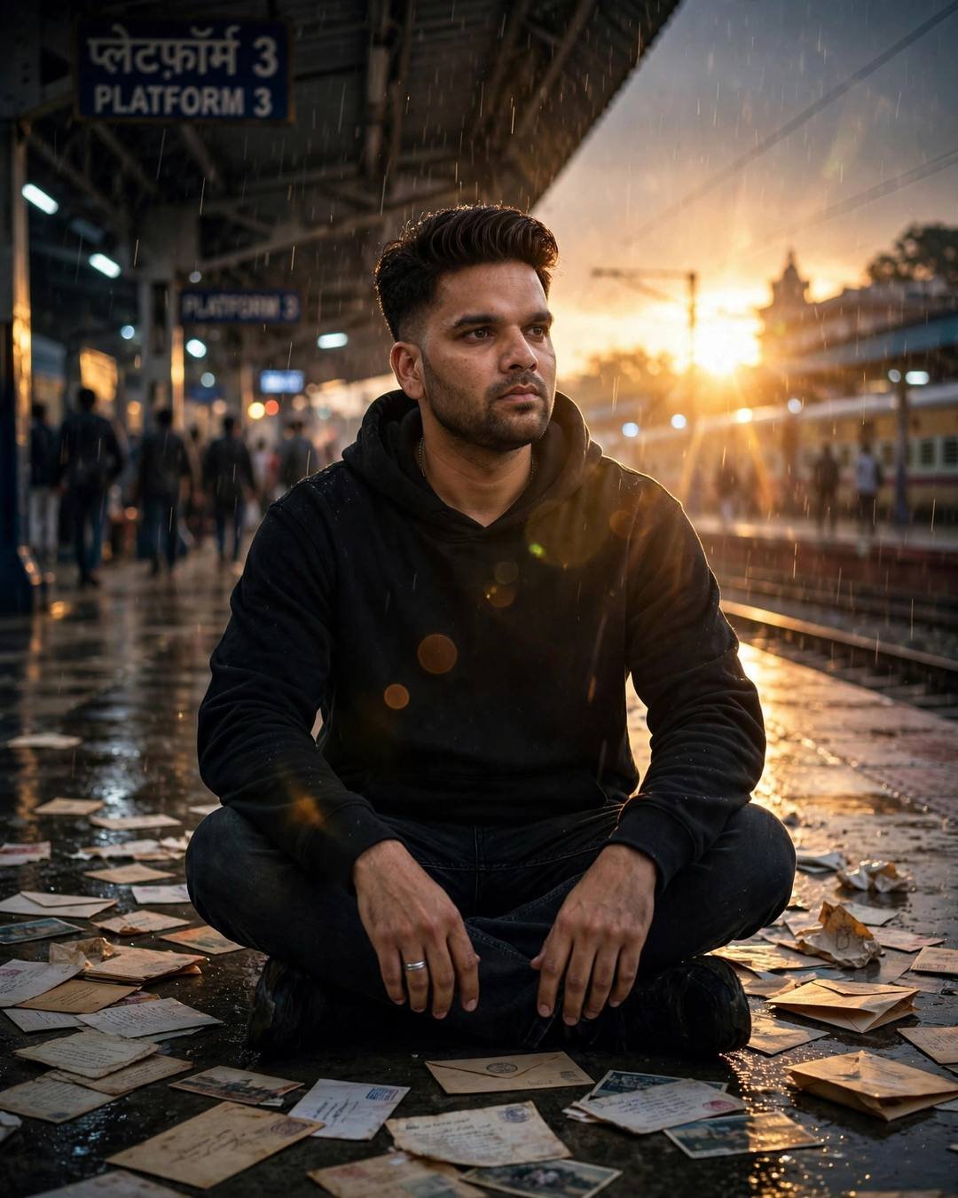 Young Indian man in black hoodie sitting cross-legged on a rainy railway platform surrounded by old letters
