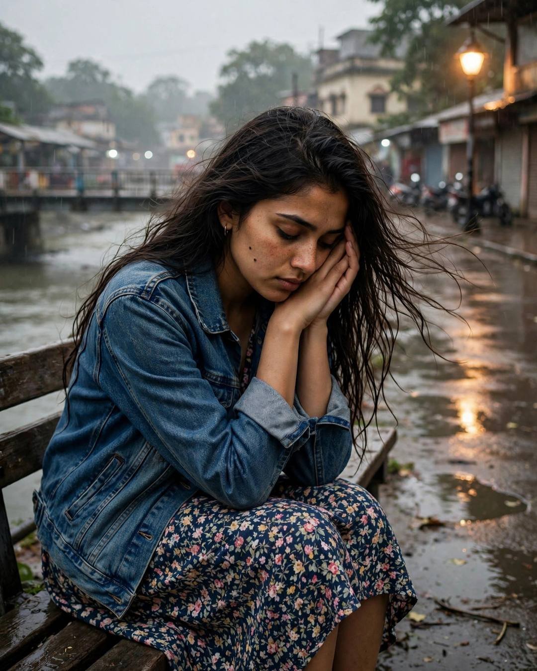 Young Indian woman in denim jacket sitting on a station bench with head in her hands by a river