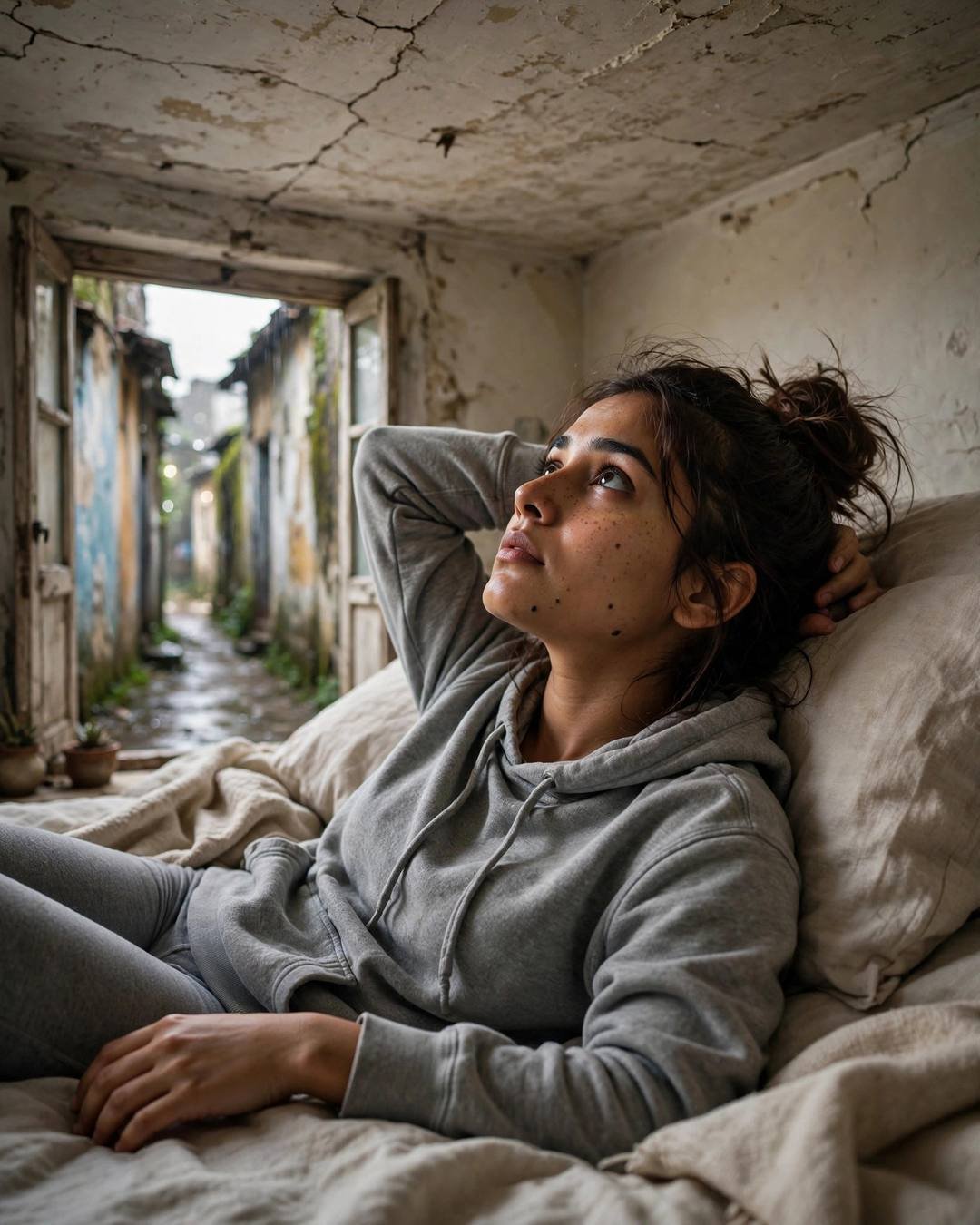 Young Indian woman in grey hoodie lying on a bed in an old room, staring at the ceiling