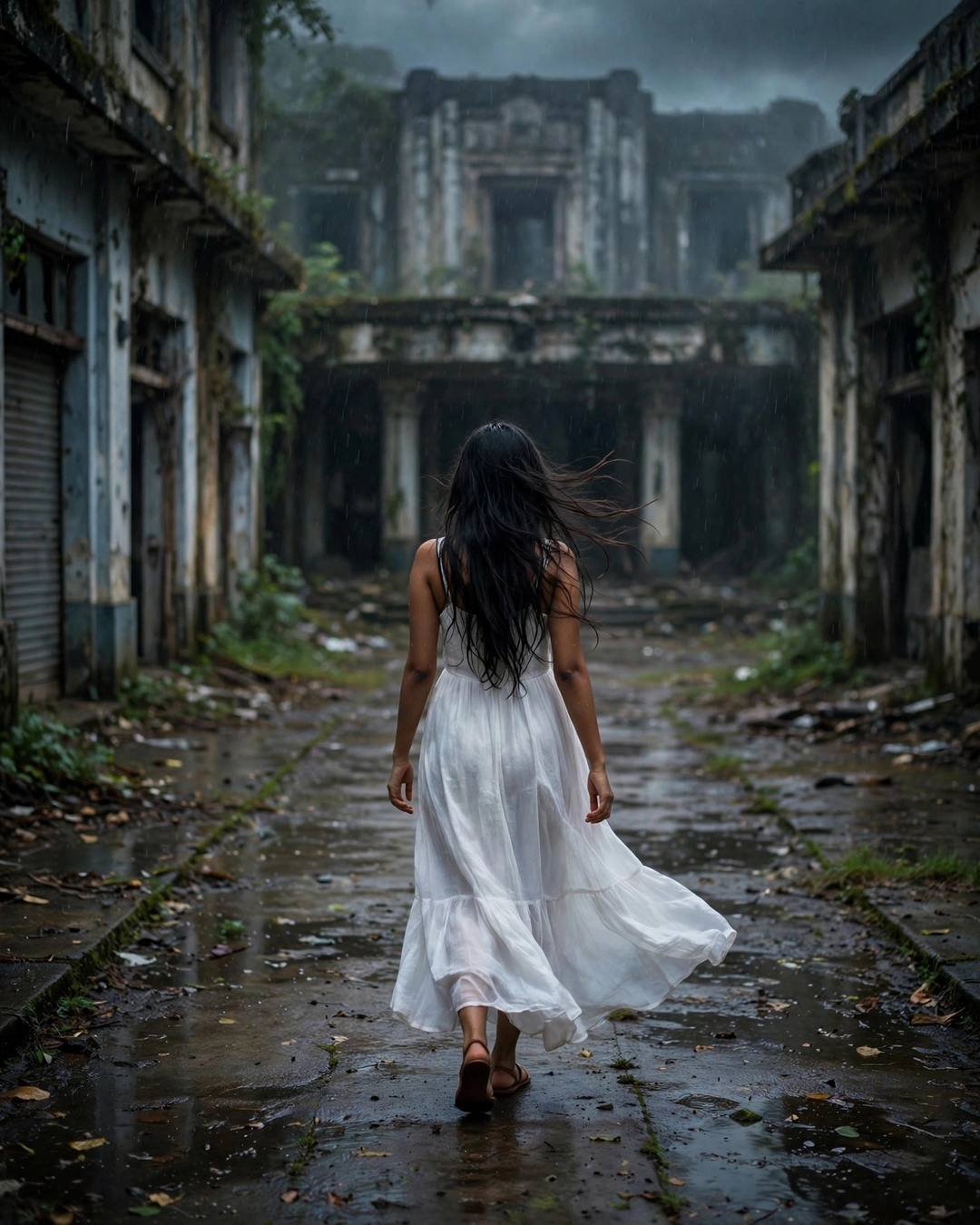 Young Indian woman in white dress walking away down a rainy abandoned courtyard
