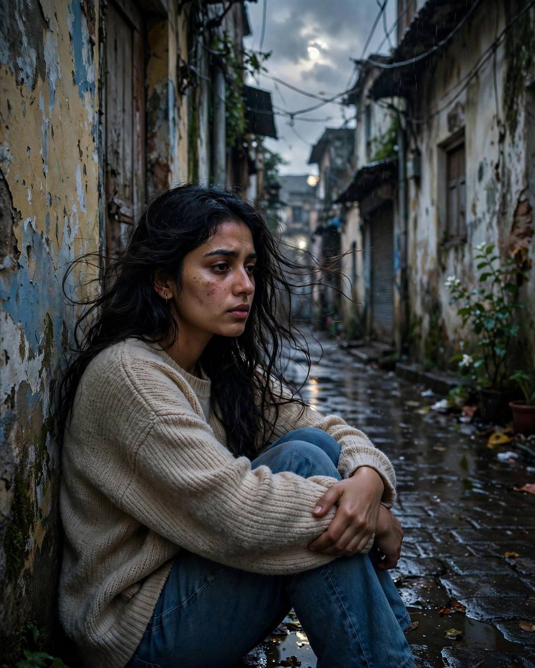 Young Indian woman in beige sweater sitting with knees drawn up against a peeling wall in an old lane at night