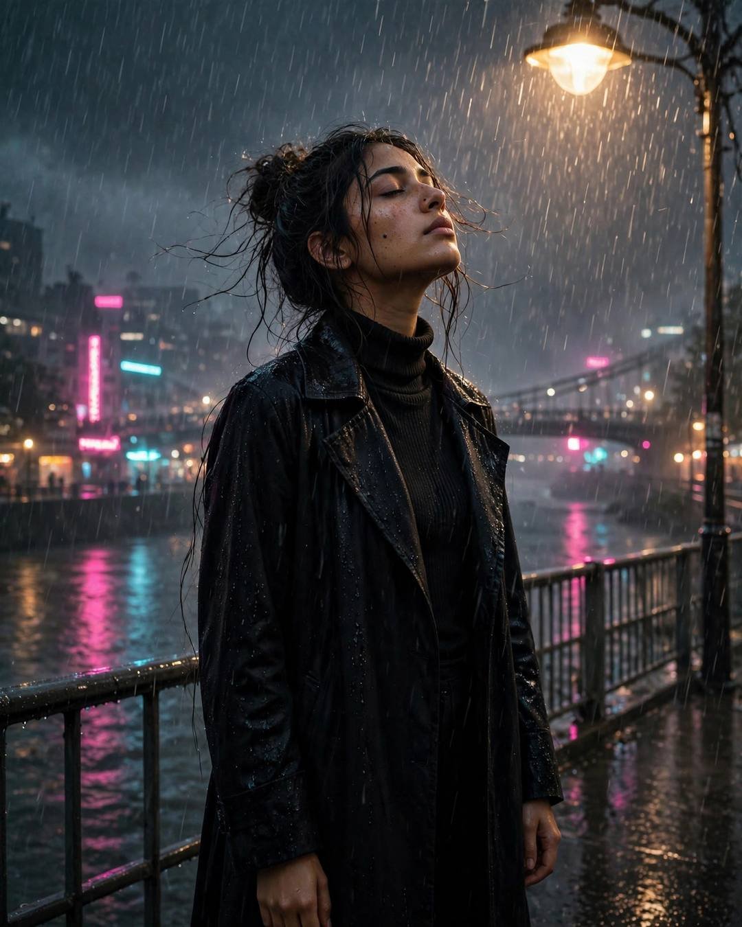 Young Indian woman in black coat standing under a streetlamp on a rainy bridge, face lifted to the sky