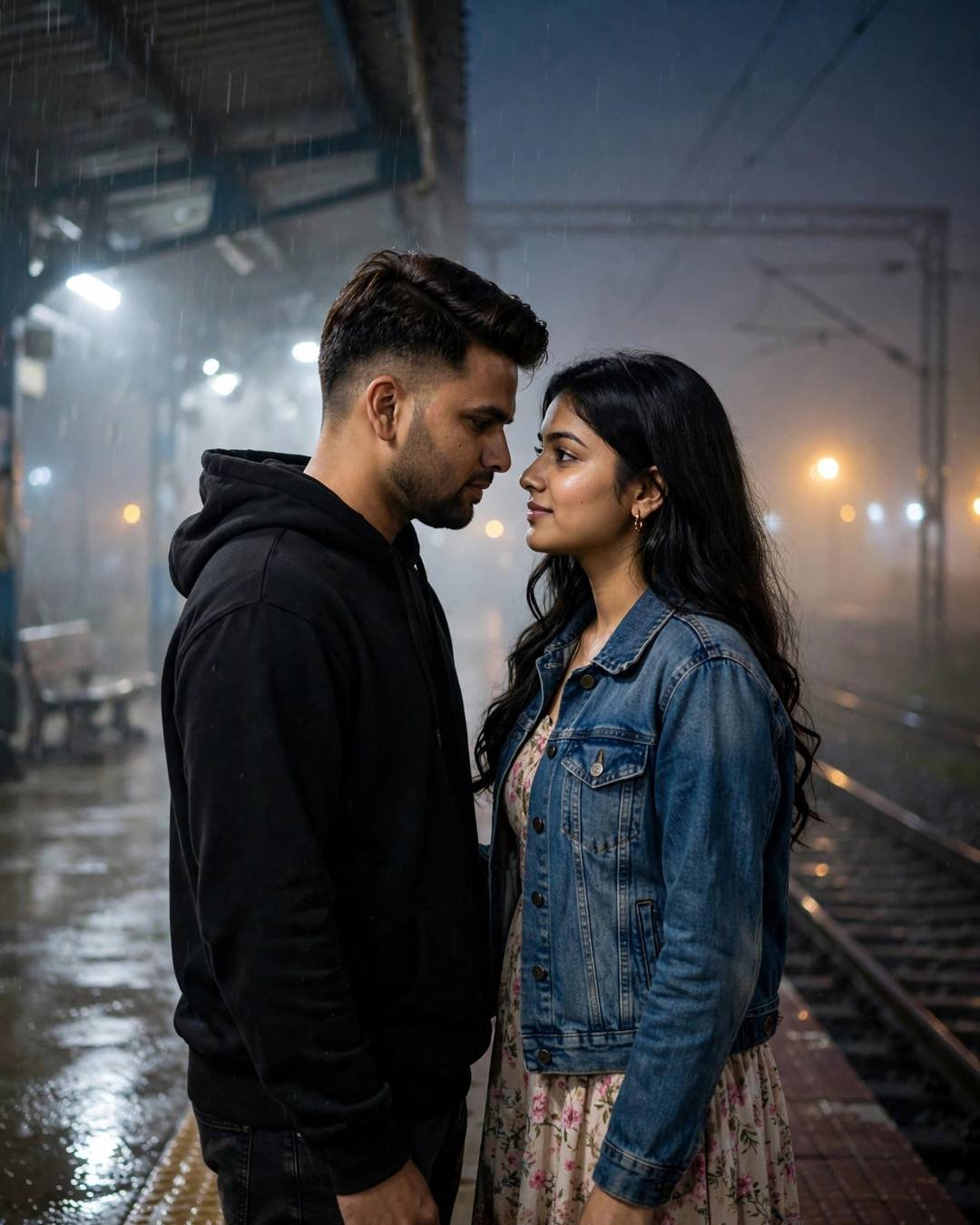 Couple standing forehead to forehead on a foggy railway platform at night