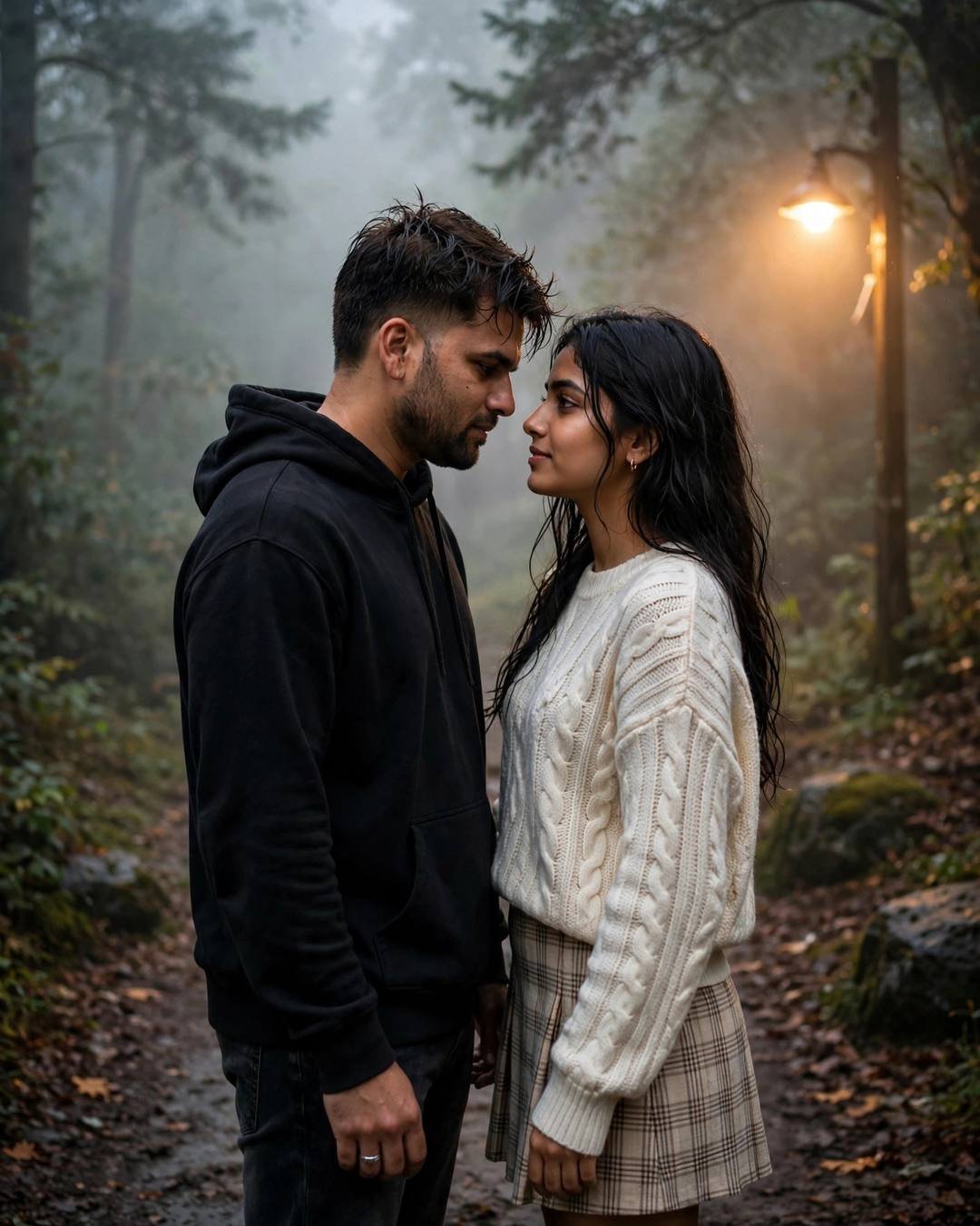 Couple with foreheads touching under a streetlamp on a foggy forest path at night