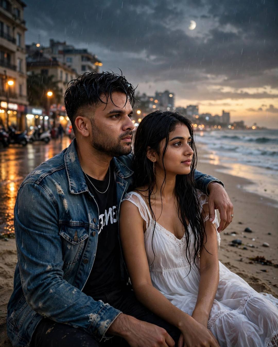 Couple sitting on a moonlit beach with his arm around her, watching the waves