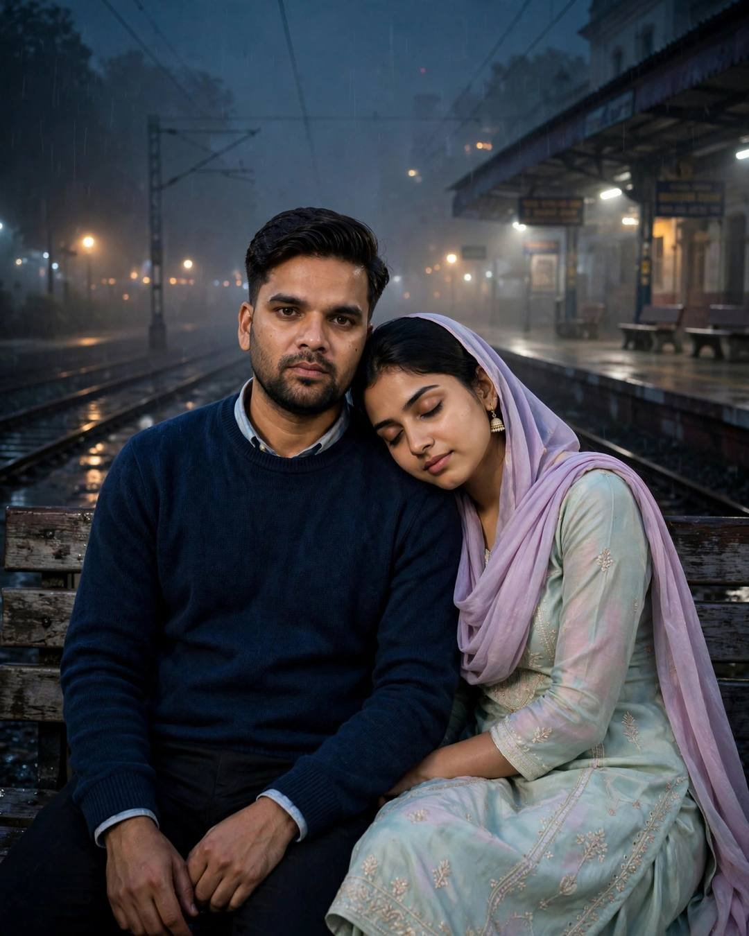 Couple sitting close on a foggy railway platform bench at night, her head on his shoulder