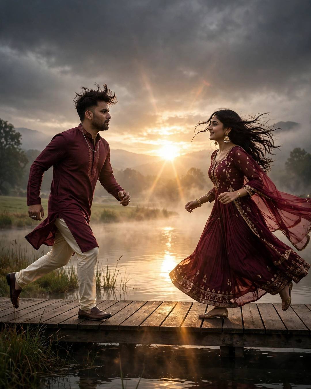 Couple in maroon running toward each other on a misty lake jetty at sunrise