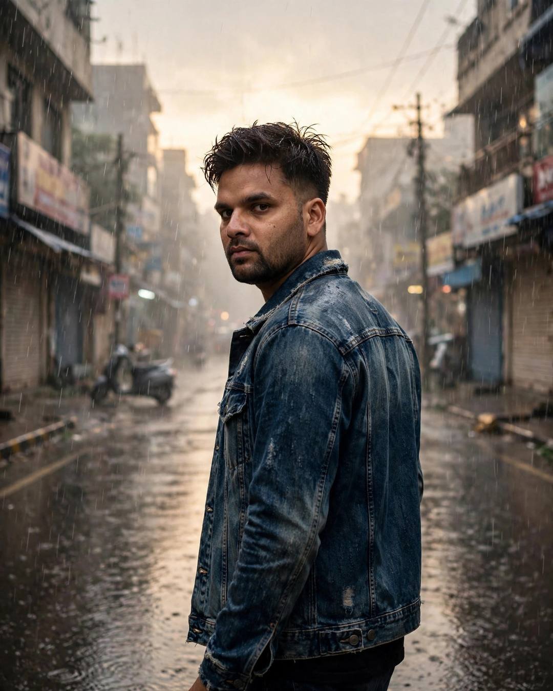 Young Indian man in denim jacket walking away down a rainy street at dawn, looking back over his shoulder