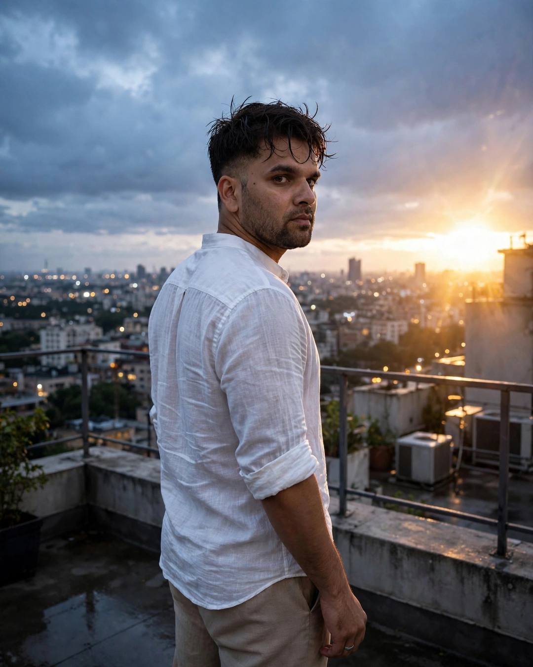 Young Indian man in white linen shirt on a rooftop at dusk looking back over his shoulder at the city