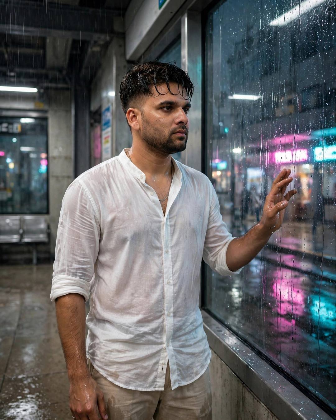 Young Indian man in white shirt with hand on a rain-streaked window at a neon-lit metro station at night
