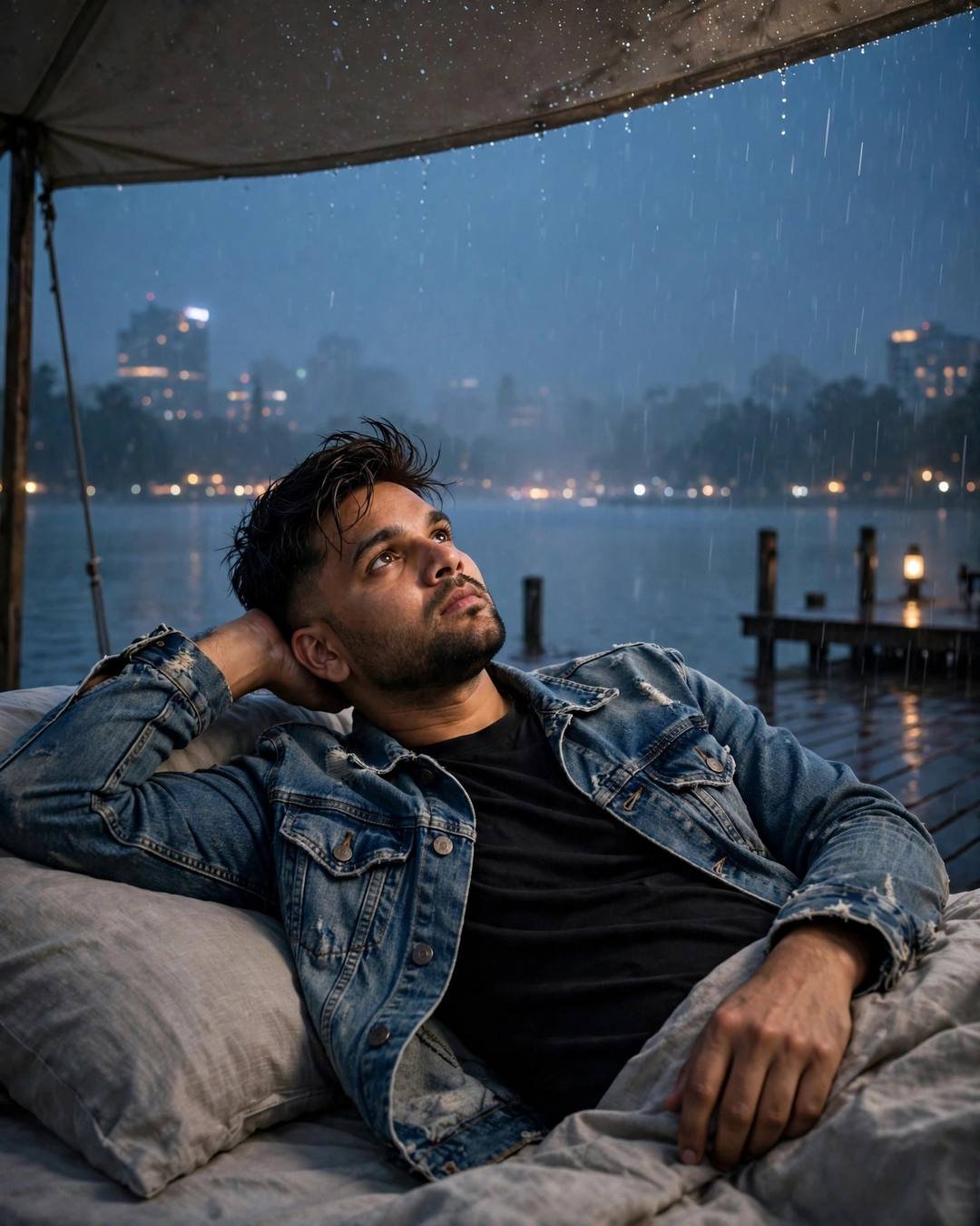 Young Indian man in denim jacket reclining under a canopy by a rainy lake at night, gazing at the sky