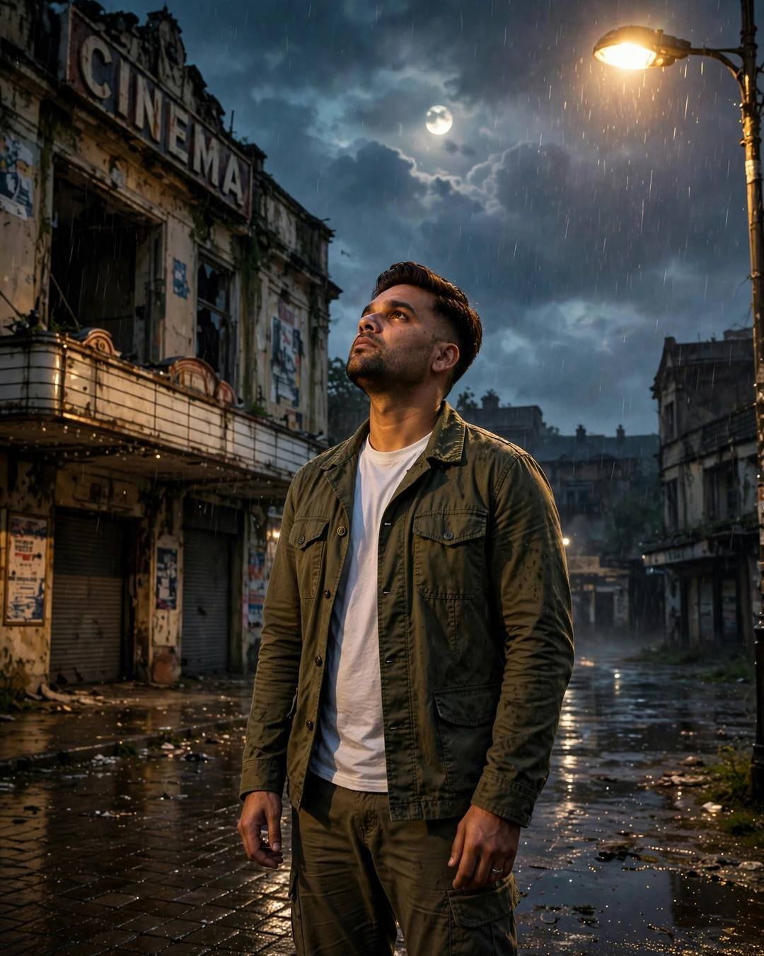 Young Indian man in olive jacket standing in moonlit rain with face lifted to the sky near an old cinema