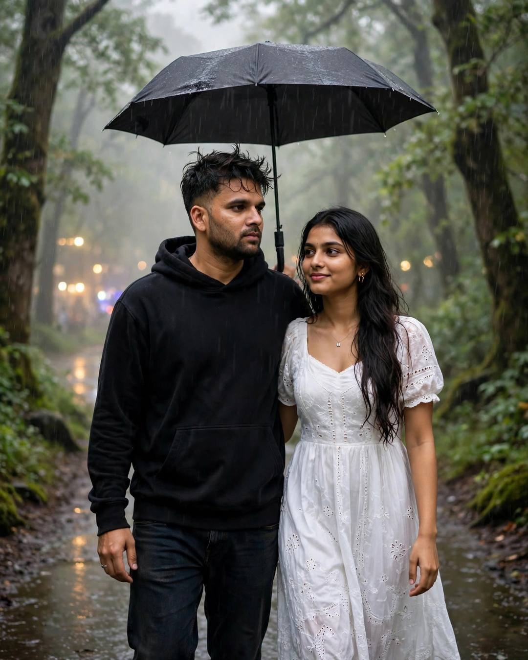 Couple walking under one umbrella on a misty rainy forest path, man in black hoodie and woman in white summer dress