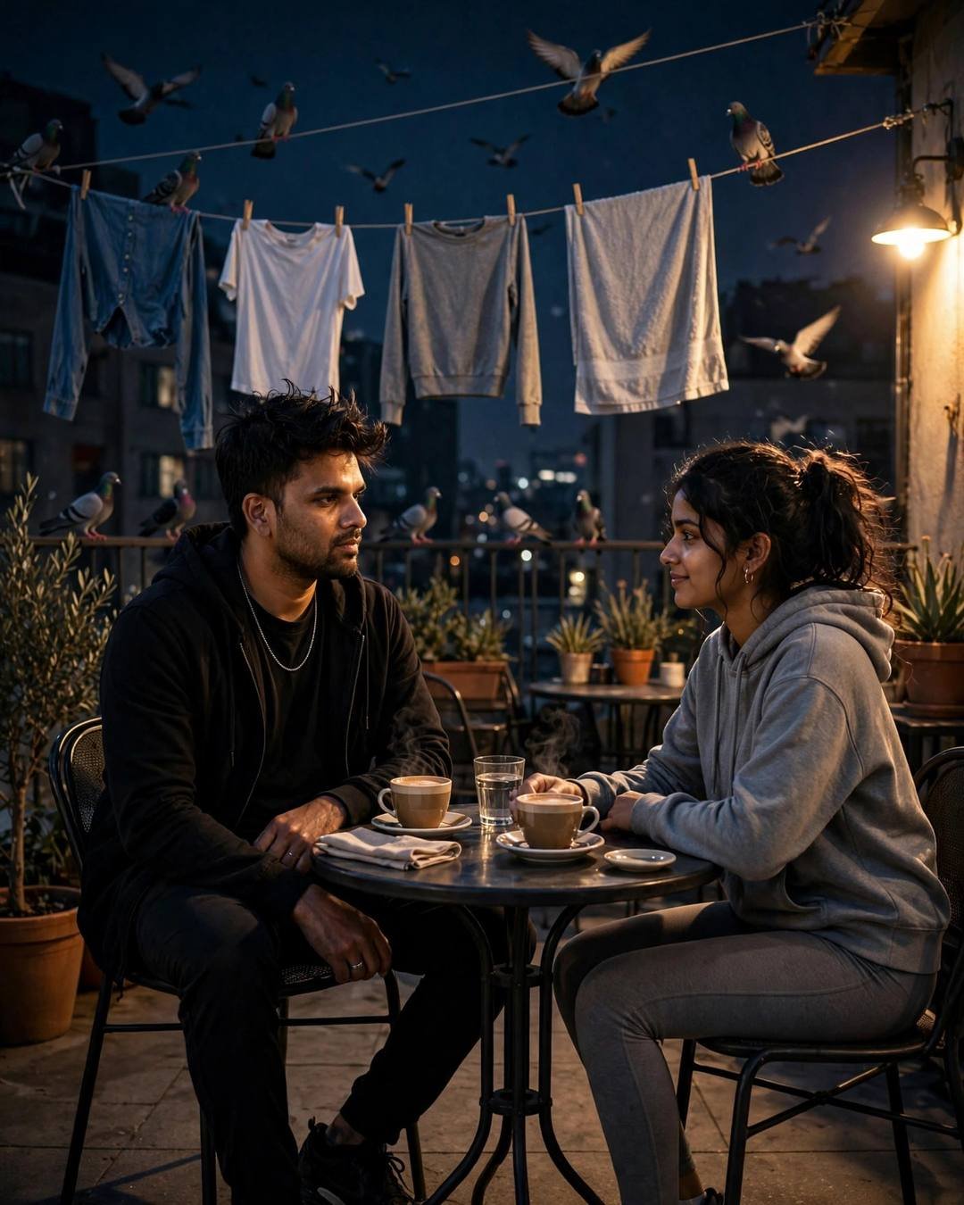 Couple sitting across a small café table on a terrace at midnight with pigeons and clothes lines above