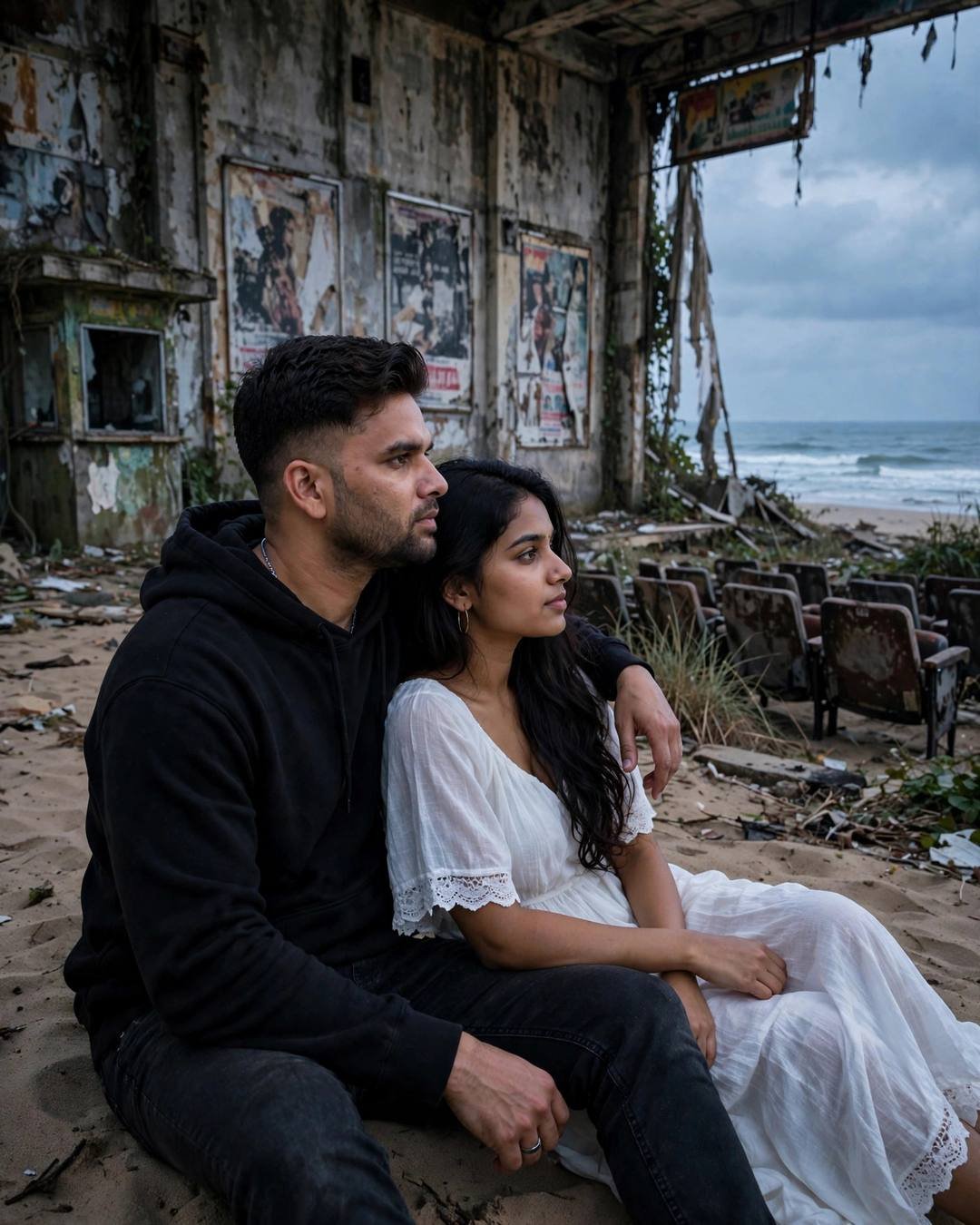 Couple sitting on the sand at an abandoned cinema hall by the sea, man's arm around woman in white dress