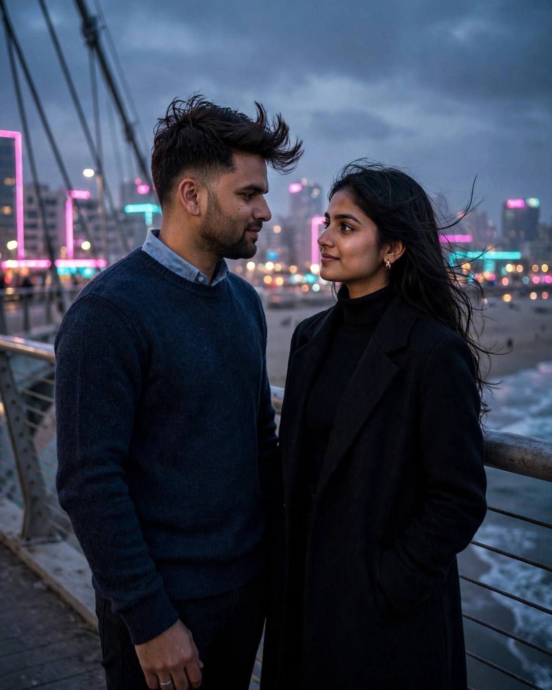 Couple standing on a bridge at dusk facing each other, neon city skyline blurred behind them
