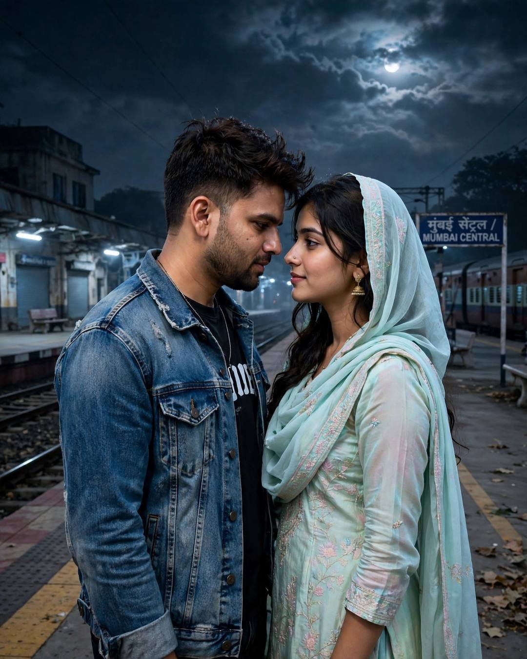 Couple standing face to face on an empty railway platform at night, her hand on his heart, moonlit sky