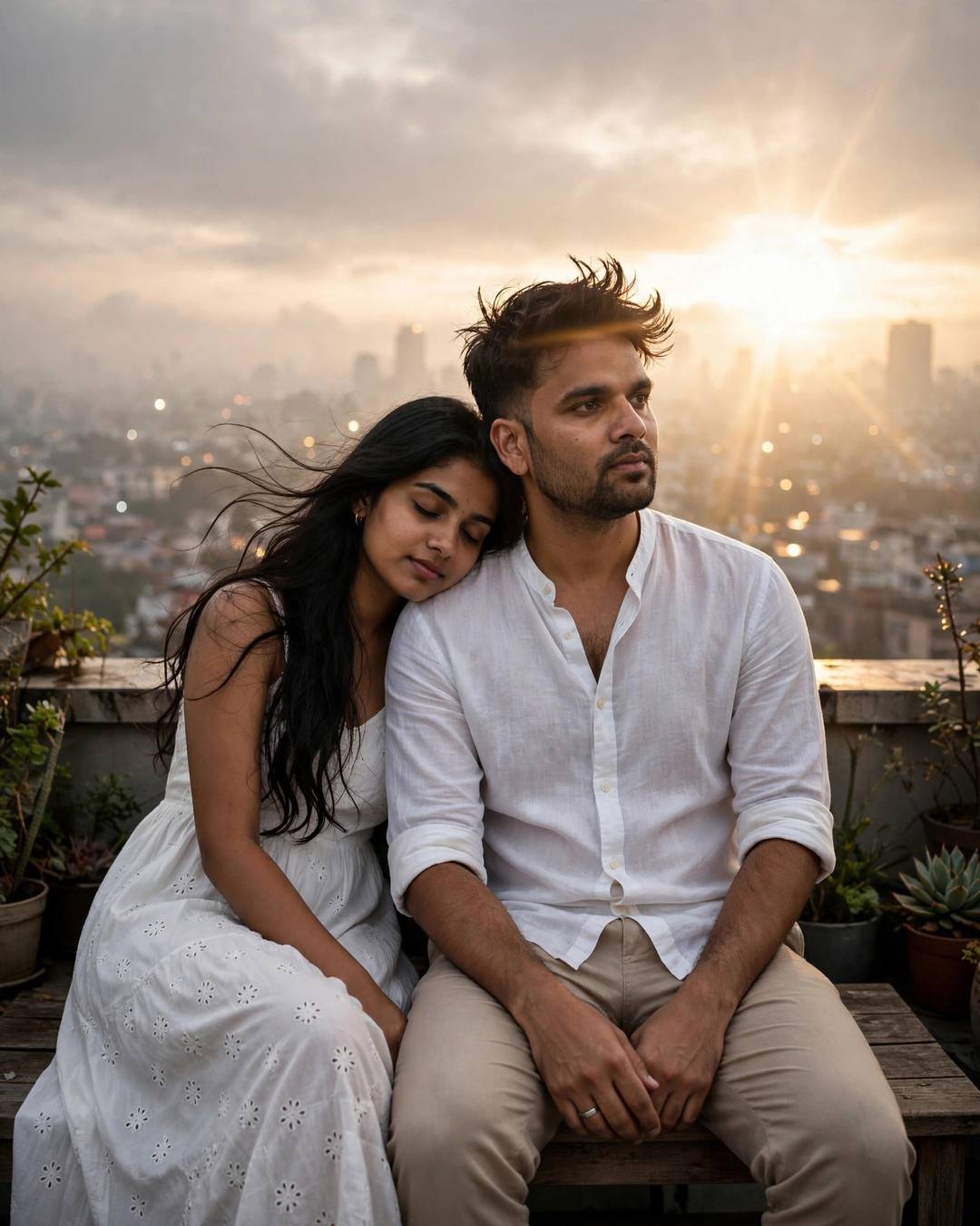 Couple on a rooftop at golden dawn — woman in white dress resting her head on man's shoulder, man in white linen shirt, city lights below