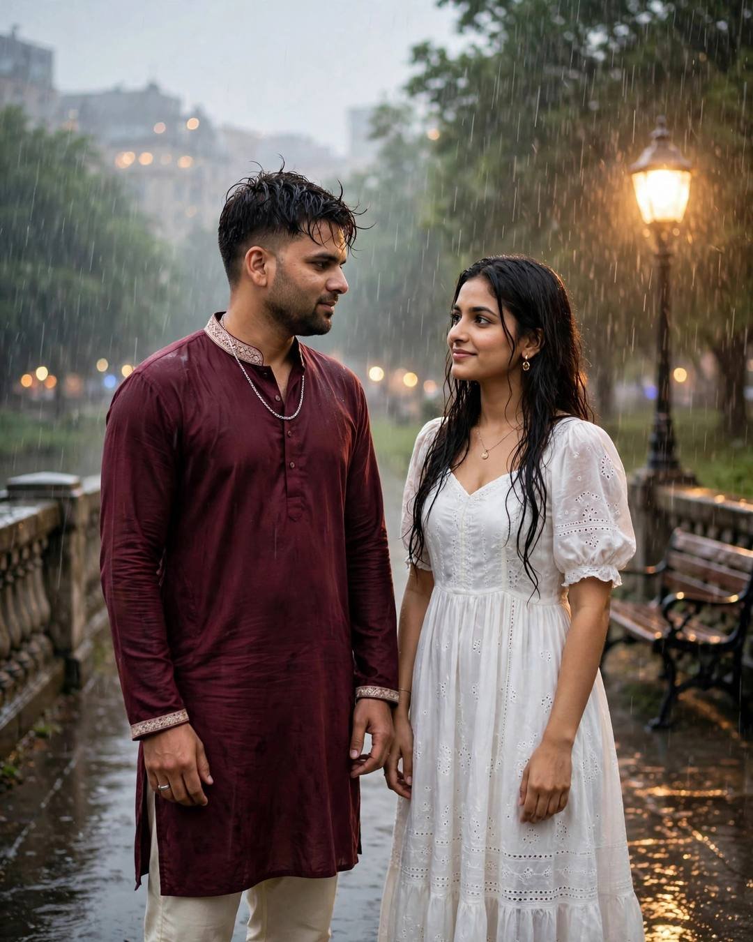Couple standing face to face in heavy monsoon rain on a bridge — man in maroon kurta, woman in white dress, streetlamp glowing amber