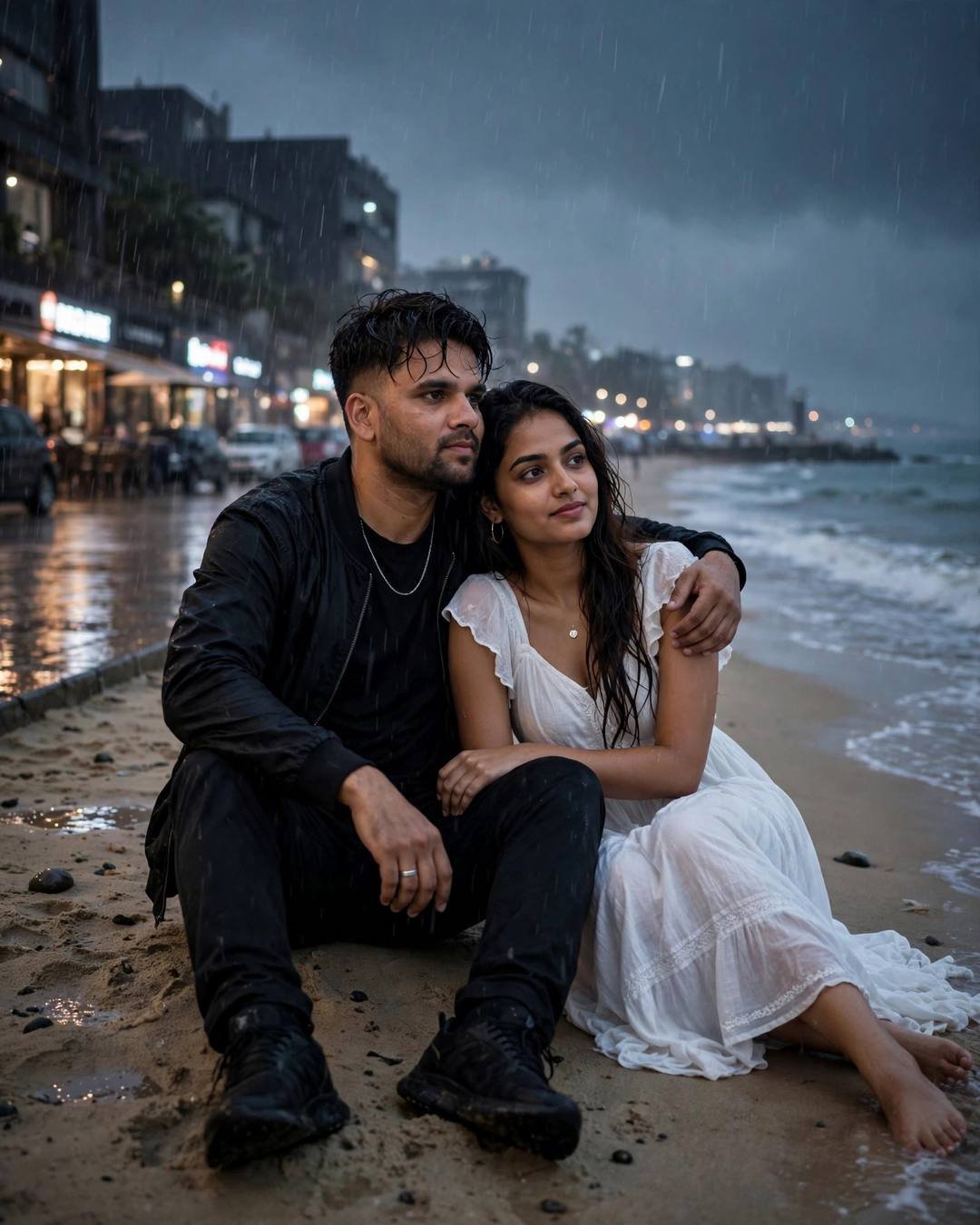 Couple seated close on rain-soaked sand at night — man in black streetwear with arm around woman in white dress, city lights through rain behind