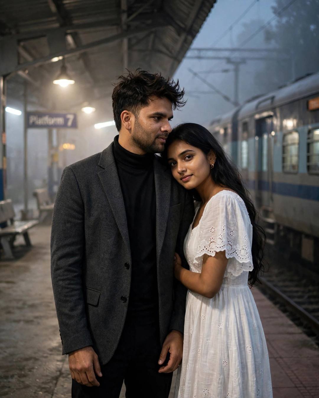 Couple embracing on a foggy railway platform at night — man in charcoal blazer and turtleneck, woman in white dress, waiting train glowing behind